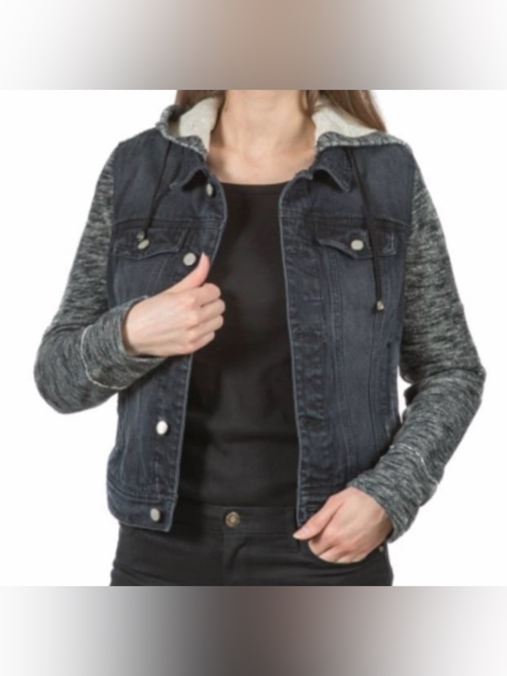 🧥Black Rivet Distressed Denim Jacket w/ Hood Women’s Size L Black EUC